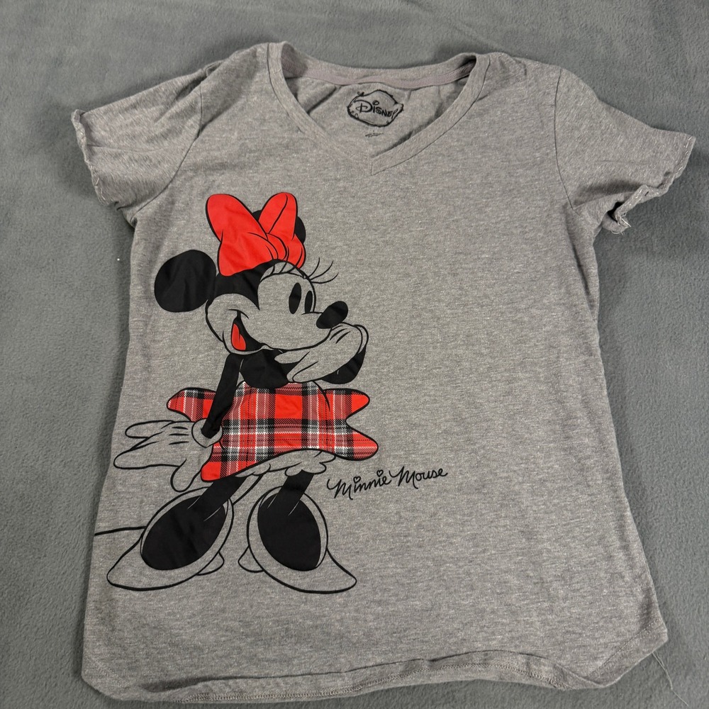 Disney Minnie Mouse Graphic T-Shirt‎ Gray Plaid Skirt V-Neck Womens Large